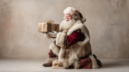 A joyful Santa Claus kneels while holding a beautifully wrapped gift, embodying the spirit of the holiday season with a warm smile and festive attire.の素材