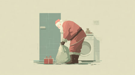 A whimsical illustration of Santa Claus in a kitchen, playfully opening a bag filled with gifts next to a present and a washer, evoking holiday cheer and nostalgia.の素材