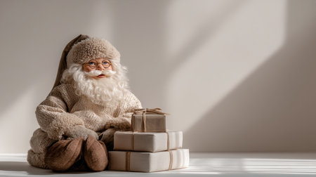 A charming Santa figurine adorned in cozy attire sits beside beautifully wrapped gifts, evoking a serene and festive atmosphere ideal for holiday decorations.の素材