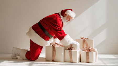 A joyful Santa Claus kneels beside elegantly wrapped gift boxes, surrounded by soft natural light, enhancing the warm and festive spirit of the holiday season.の素材