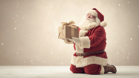A charming Santa Claus kneels with a beautifully wrapped gift, embodying the spirit of giving. Snow gently falls, creating a warm, festive atmosphere perfect for Christmas.の素材
