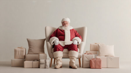A cheerful Santa Claus dressed in traditional attire sits comfortably in an elegant armchair with beautifully wrapped gifts around him, embodying festive spirit.の素材