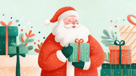 A whimsical illustration of a joyful Santa Claus in a red suit, holding a green gift amidst a backdrop of colorful holiday presents, exuding festive cheer and warmth.の素材