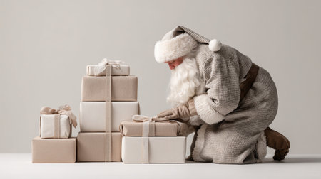 Santa Claus kneels beside an array of beautifully wrapped gifts in soft, natural hues. This heartwarming scene captures the spirit of giving and holiday joy.の素材