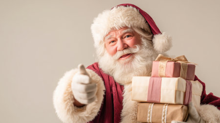 Cheerful Santa Claus with a warm smile holding festive gifts gives a thumbs up. Perfect for capturing the spirit of Christmas and holiday celebrations.の素材