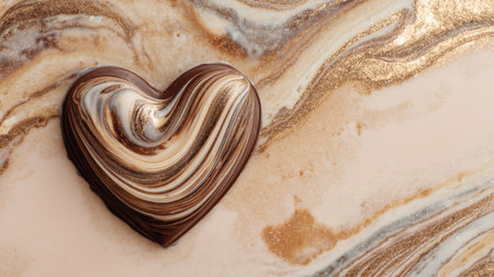 A visually enticing heart-shaped chocolate placed on a beautifully swirled creamy background enhanced with golden highlights, perfect for romantic celebrations.の素材