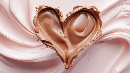 A lovely heart shape crafted from smooth milk chocolate, elegantly dripped on a creamy pink background. Perfect for showcasing love, desserts, and culinary art.の素材
