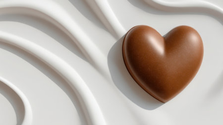 A stunning close-up of a smooth chocolate heart resting on a creamy white background, surrounded by elegant wave patterns, creating a romantic and warm atmosphere.の素材