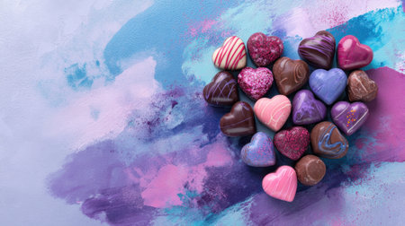 A captivating arrangement of heart-shaped chocolates in various colors and designs on a vibrant abstract background, perfect for celebrations of love and sweetness.の素材