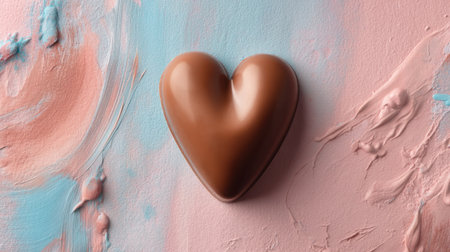 This image features a heart-shaped chocolate resting on a soft pastel background, blending vibrant colors that evoke feelings of love and sweetness, perfect for celebrations.の素材