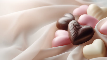 A collection of heart-shaped chocolates in various colors rests on soft fabric, creating a romantic and dreamy atmosphere, ideal for special occasions and celebrations.の素材