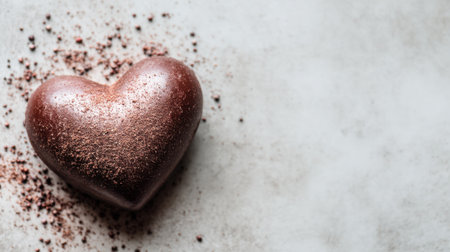 A close-up image of a heart-shaped chocolate candy dusted with edible glitter resting on a marble surface, perfect for romantic occasions or sweet indulgences.の素材