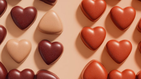 An attractive arrangement of heart-shaped chocolates in various rich colors on a soft background, perfect for romantic gifts, celebrations, and creative culinary presentations.の素材