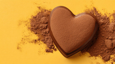 A visually appealing heart-shaped chocolate on cocoa powder against a vibrant yellow backdrop, perfect for representing love, indulgence, and sweet treats in culinary visuals.の素材