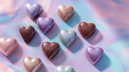 A delightful arrangement of heart-shaped chocolates in soft pastel colors sits on an iridescent background, evoking joy and romance for special occasions.の素材