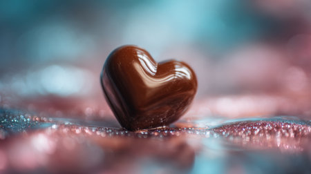 A heart-shaped chocolate rests on a shimmering, colorful background, perfect for depicting themes of love and celebration. Ideal for romantic occasions or sweet indulgences.の素材