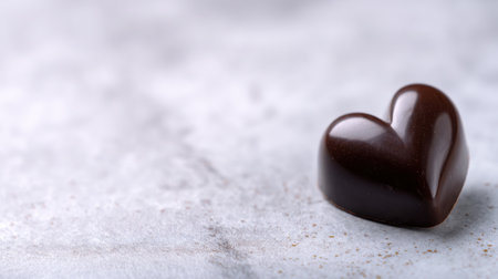 A heart-shaped dark chocolate candy placed on a soft gray surface, perfect for capturing the essence of love and indulgence in your sweet photography projects.の素材