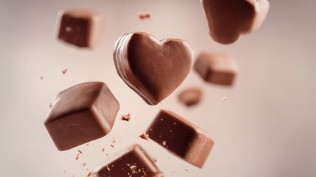 A captivating image of floating chocolate confections in various shapes, perfect for showcasing desserts and indulging sweet cravings in your projects or promotions.の素材