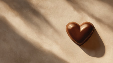 A beautifully crafted chocolate heart rests on a soft, neutral background, casting gentle shadows that evoke a sense of warmth and romance, ideal for special occasions.の素材