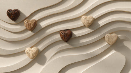 This abstract image features stylized hearts arranged on a wavy background in soft shades of brown and beige, evoking feelings of love and serenity. Perfect for artistic projects.の素材