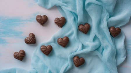 Delightful heart-shaped chocolates arranged on soft blue fabric create a dreamy, romantic atmosphere ideal for celebrations, gifts, and culinary delights.の素材