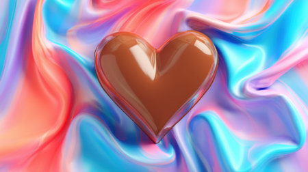 A glossy heart shape rests on a vibrant silk backdrop, combining shades of pink and blue. Ideal for themes of love, romance, or special occasions.の素材