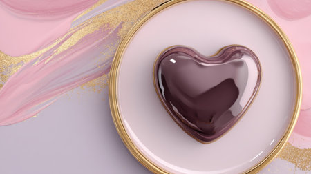An exquisite heart-shaped dessert presented on a stylish plate, featuring a glossy finish and a soft pink backdrop, perfect for romantic celebrations or gourmet events.の素材