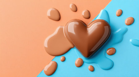 This image features a heart-shaped chocolate on a vibrant background with liquid splashes, perfect for themes of love, culinary arts, or celebrations.の素材