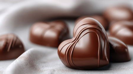 A collection of heart-shaped chocolate candies rests elegantly on a soft gray fabric. Ideal for romantic occasions, these treats symbolize love and indulgence.の素材