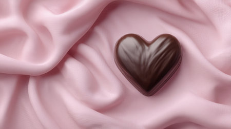 A heart-shaped chocolate piece rests on soft pink fabric, capturing the essence of romance and affection. Ideal for love-themed projects and celebrations.の素材