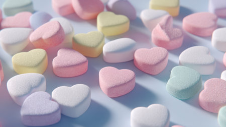 A delightful array of colorful heart-shaped candies scattered on a light surface, perfect for romantic occasions or sweet celebrations, evoking a joyful atmosphere.の素材