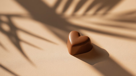 A charming heart-shaped chocolate rests on a smooth surface, with shadows from palm leaves casting an inviting atmosphere, perfect for romantic celebrations or gifts.の素材