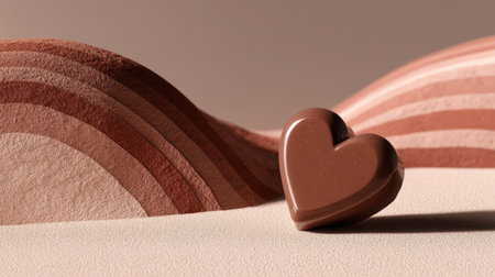 A heart-shaped chocolate rests on a softly textured surface, adorned with warm tones and gentle curves, creating an inviting atmosphere perfect for romance and culinary artistry.の素材