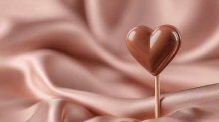 A delightful heart-shaped chocolate lollipop placed on a soft satin fabric, perfect for romantic occasions and sweet celebrations, evoking love and joy.の素材