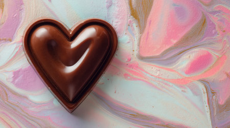 A delectable heart-shaped chocolate treat rests on a vibrant marbled background featuring soft pastel swirls, ideal for romantic occasions and desserts.の素材