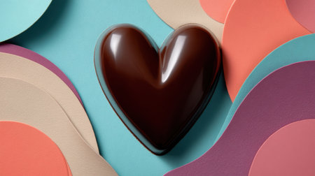A stunning heart-shaped chocolate sits gracefully on a colorful pastel background. This visually appealing image is perfect for romantic themes and sweet treats.の素材