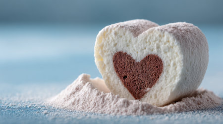 This heart-shaped dessert features a creamy white exterior with a delicious chocolate center, elegantly presented atop a dusting of powdered sugar on a soft blue background.の素材