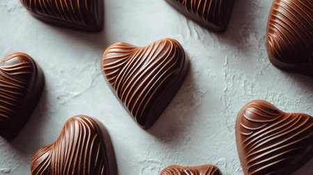 Explore this enticing image of heart-shaped chocolate confections with elegant swirls, perfect for romantic celebrations and special moments of indulgence.の素材