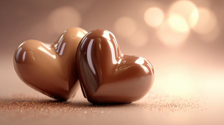 Two shiny heart-shaped chocolates rest on a soft pink surface, surrounded by a warm bokeh glow, enhancing the romantic and indulgent atmosphere for celebrations.の素材
