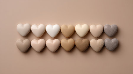 A collection of heart-shaped candles in soft neutral tones arranged harmoniously on a beige background, perfect for adding warmth and romance to any space or occasion.の素材