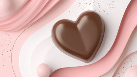 A beautifully crafted smooth chocolate heart placed on a pastel backdrop, featuring swirls and soft textures that evoke feelings of romance and indulgence.の素材