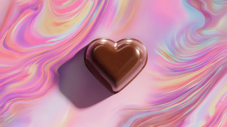 A delightful heart-shaped chocolate rests against a mesmerizing abstract colorful background, evoking feelings of love, joy, and indulgence perfect for sweet occasions.の素材