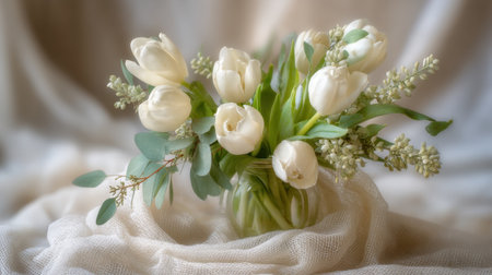 A stunning bouquet of white tulips gracefully arranged in a glass vase, set against a soft fabric background, perfect for event decoration and floral inspiration.の素材
