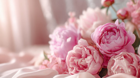 A beautiful arrangement of soft pink peonies rests on delicate silk fabric, capturing warmth and romance. Ideal for floral inspirations, wedding decor, or serene photography.の素材