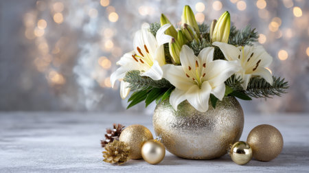 A stunning arrangement of white lilies in a shimmering gold vase, accompanied by decorative ornaments and pine cones, perfect for holiday celebrations and festive decor.の素材
