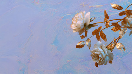 This stunning image features elegant white roses adorned with golden leaves set against a soft pastel background, ideal for floral art, decoration, or romantic themes.の素材