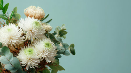 This image features an elegant floral arrangement of soft white flowers with delicate green accents, set against a calming pastel blue background, inspiring tranquility.の素材