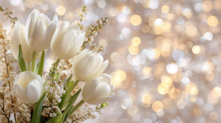 A beautiful arrangement of elegant white tulips against a soft bokeh background, ideal for spring celebrations, weddings, or any romantic occasion.の素材