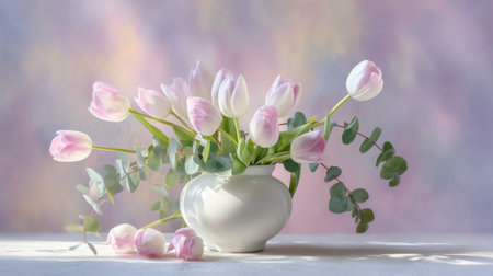 A beautiful arrangement of fresh pink tulips and eucalyptus in a white vase, set against a soft pastel background, perfect for celebrating spring's beauty and joy.の素材