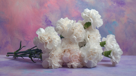 A beautiful bunch of white carnations rests against a softly blended pastel background. This image captures elegance and serenity, perfect for floral design inspiration.の素材